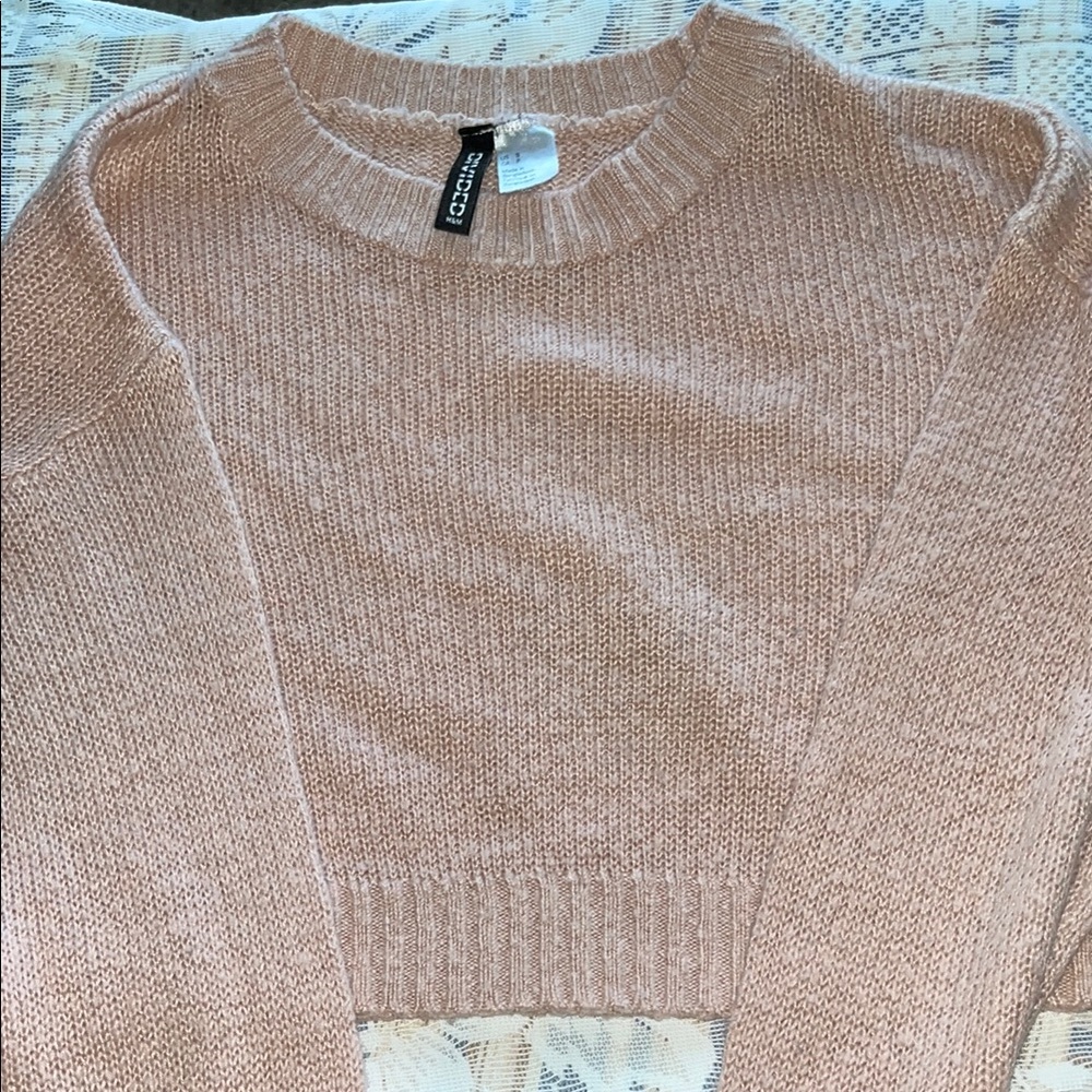 H&M Pink Crew Neck Sweater Ribbed Knit Cropped